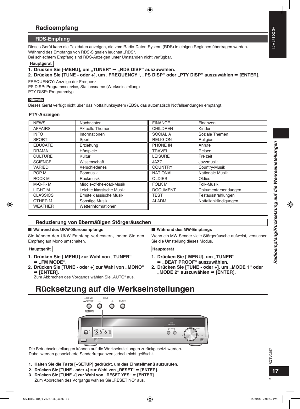 Rücksetzung auf die werkseinstellungen, Radioempfang, Reduzierung von übermäßigen störgeräuschen | Rds-empfang | Panasonic SAHR50EG User Manual | Page 17 / 68