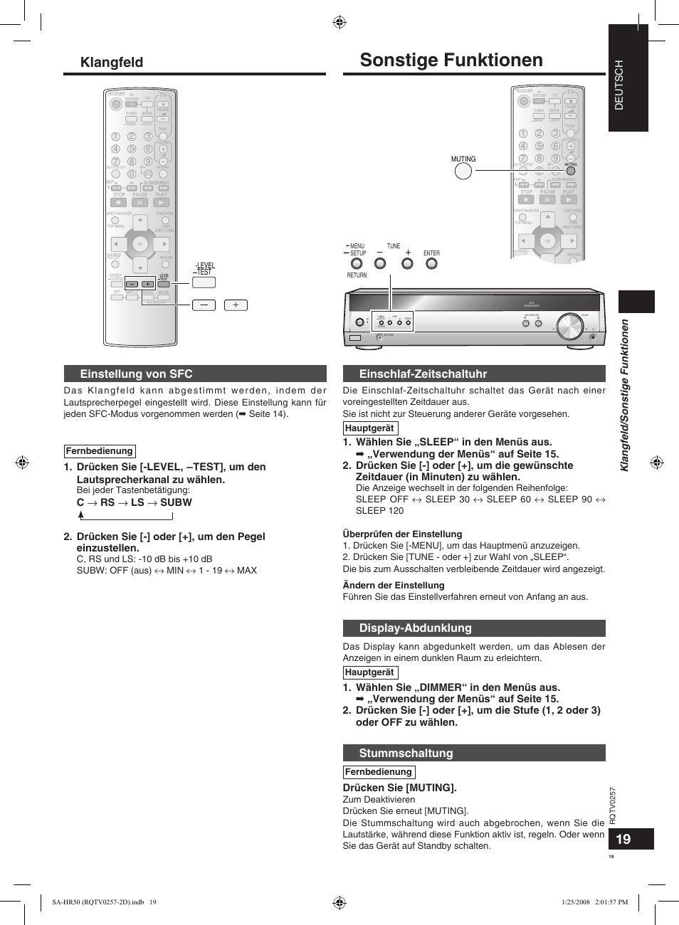 Sonstige funktionen, Klangfeld, Einstellung von sfc | Display-abdunklung, Einschlaf-zeitschaltuhr, Stummschaltung, Deutsch, Drücken sie [muting, Klangfeld/sonstige funktionen, Bei jeder tastenbetätigung | Panasonic SAHR50EG User Manual | Page 19 / 68