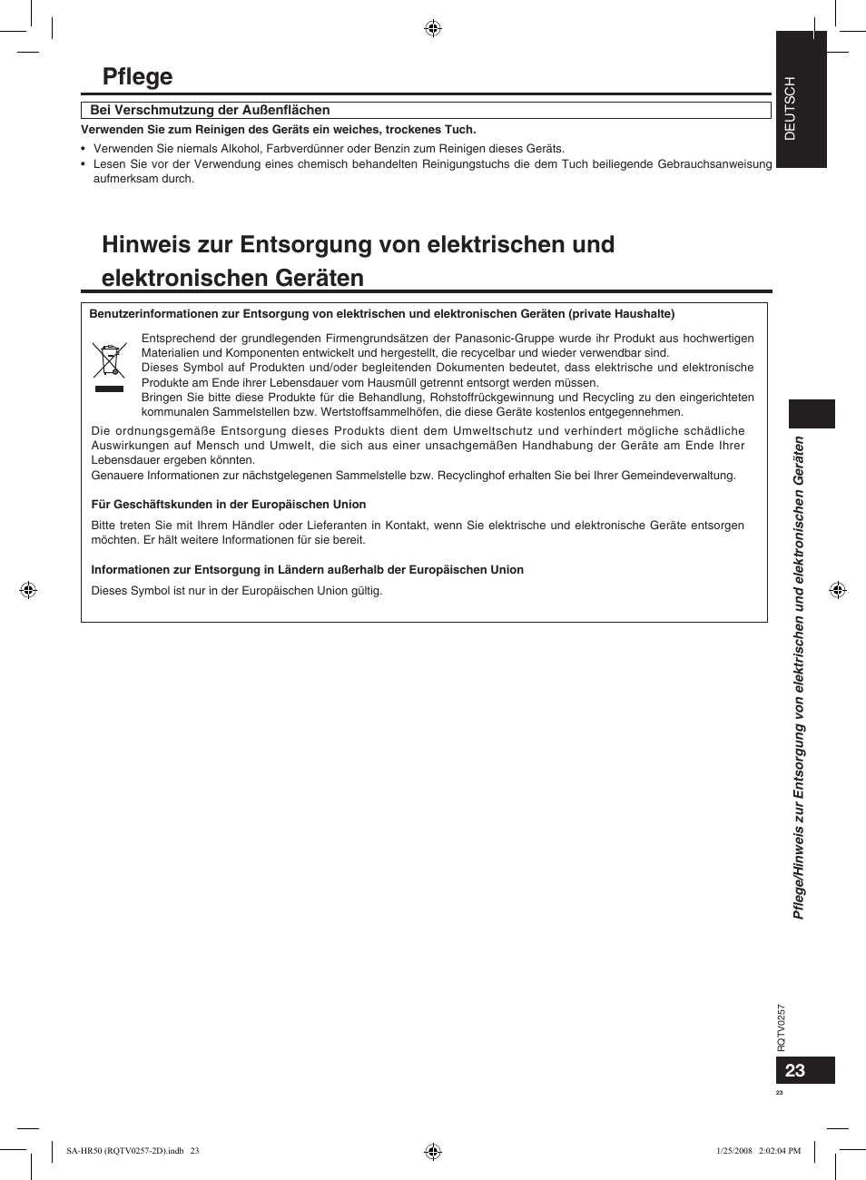 Pﬂege | Panasonic SAHR50EG User Manual | Page 23 / 68