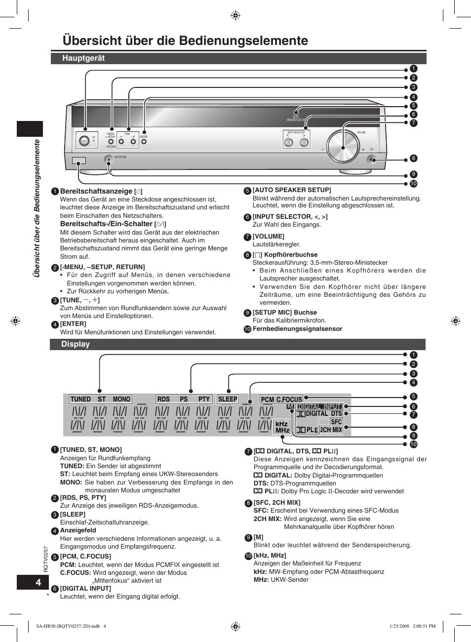 Übersicht über die bedienungselemente, Hauptgerät, Display | Panasonic SAHR50EG User Manual | Page 4 / 68