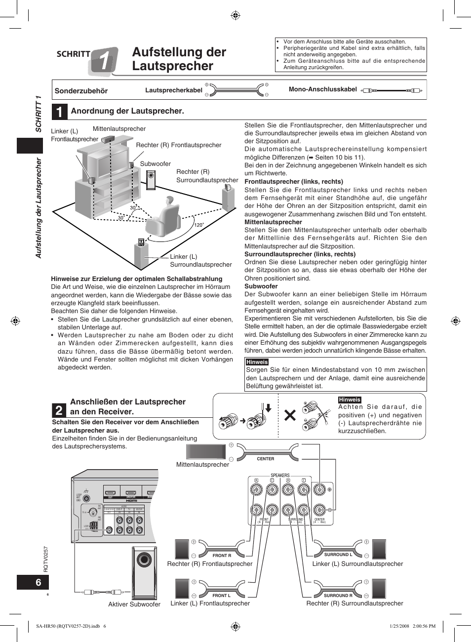Aufstellung der lautsprecher, Schritt, Anordnung der lautsprecher | Anschließen der lautsprecher an den receiver, Sonderzubehör, Rückseite aufstellung der lautsprecher schritt 1 | Panasonic SAHR50EG User Manual | Page 6 / 68