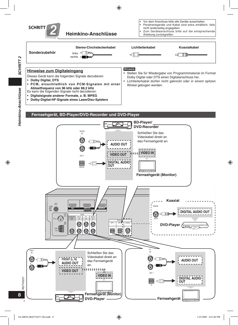 Heimkino-anschlüsse, Schritt, Hinweise zum digitaleingang | Sonderzubehör, Digital audio out, Audio out digital audio out audio out, Fernsehgerät, Bd-player/ dvd-recorder dvd-player, Fernsehgerät (monitor) koaxial dvd-player, Fernsehgerät (monitor) | Panasonic SAHR50EG User Manual | Page 8 / 68