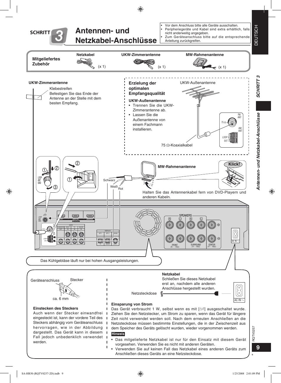 Antennen- und netzkabel-anschlüsse, Schritt, Deutsch | Antennen- und netzkabel-anschlüsse schritt 3, Klick, Erzielung der optimalen empfangsqualität, Mitgeliefertes zubehör, X 1), Netzkabel ukw-zimmerantenne mw-rahmenantenne | Panasonic SAHR50EG User Manual | Page 9 / 68