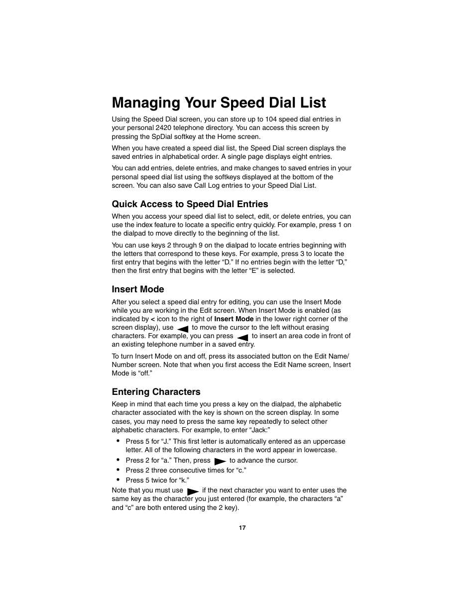 Managing your speed dial list, Quick access to speed dial entries, Insert mode | Entering characters | Avaya 555-250-701 User Manual | Page 21 / 56