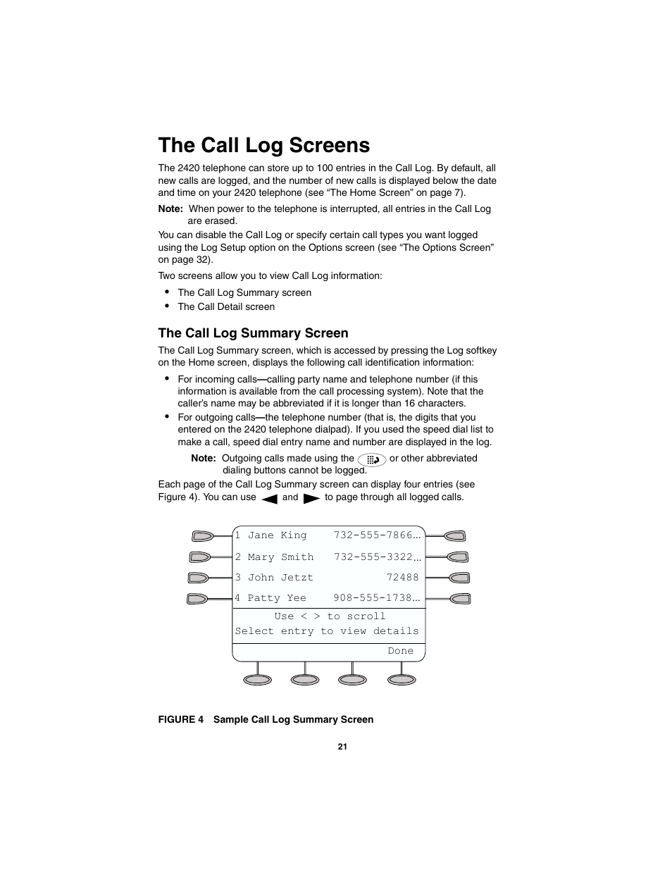 The call log screens, The call log summary screen | Avaya 555-250-701 User Manual | Page 25 / 56