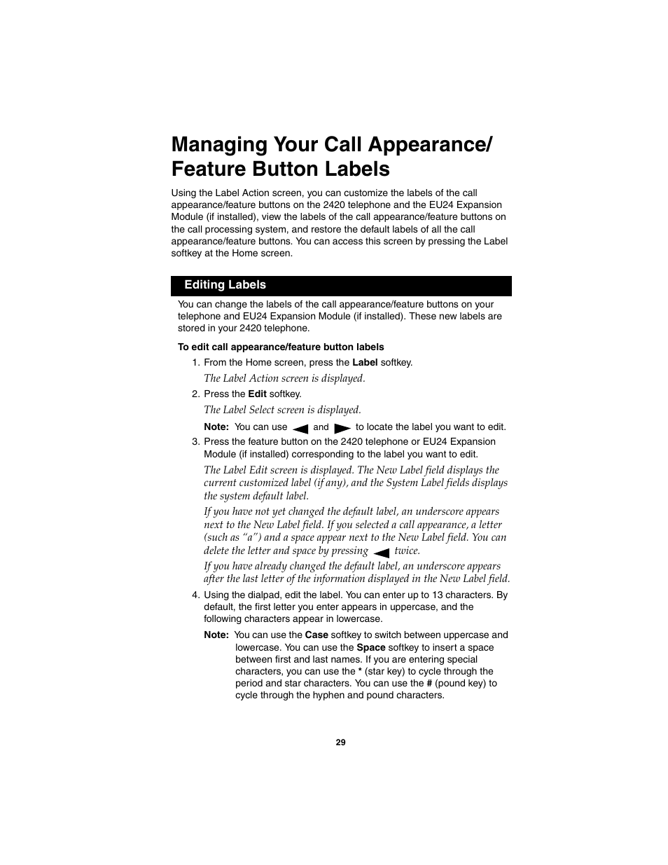 Managing your call appearance/feature button, Labels | Avaya 555-250-701 User Manual | Page 33 / 56