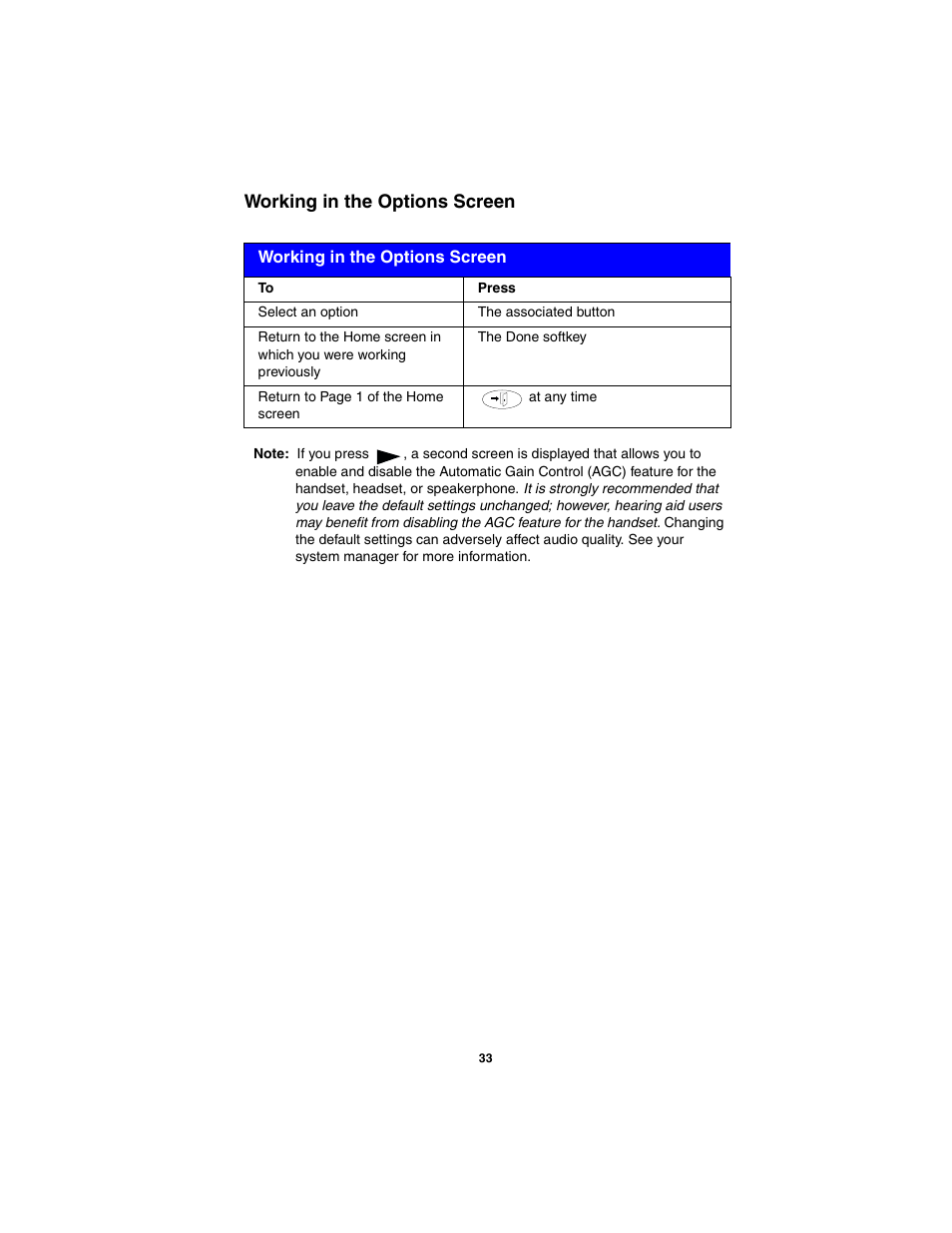 Working in the options screen | Avaya 555-250-701 User Manual | Page 37 / 56