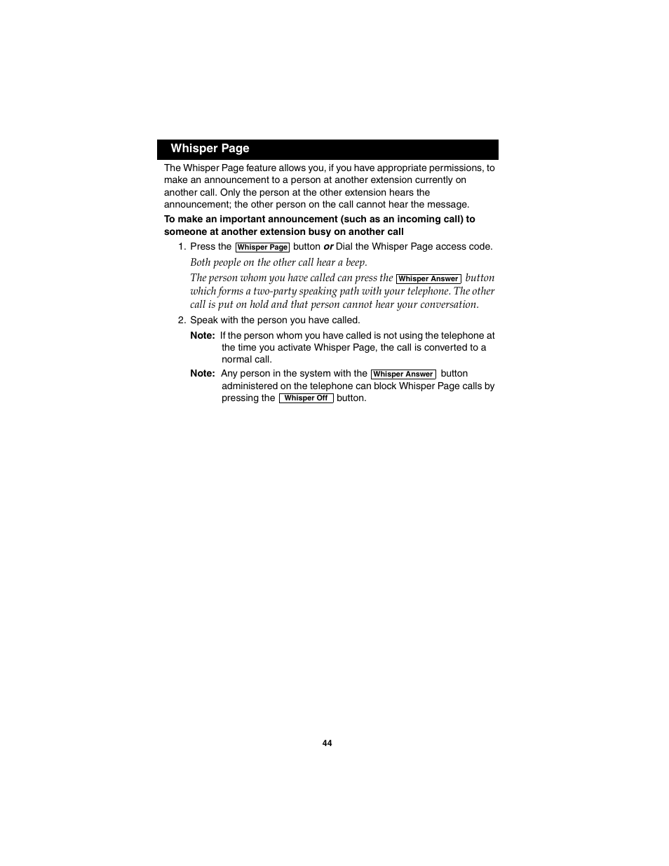 Whisper page | Avaya 555-250-701 User Manual | Page 48 / 56