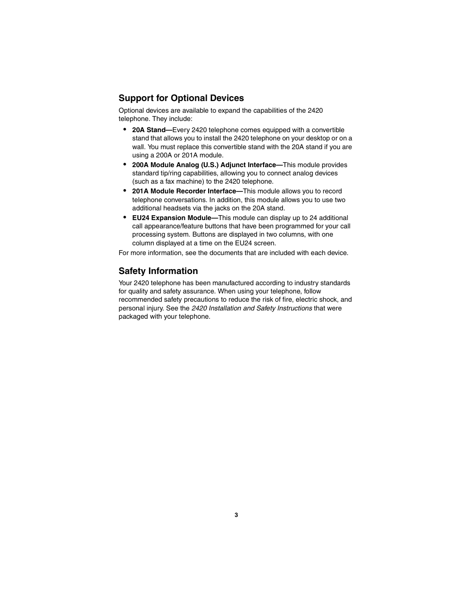 Support for optional devices, Safety information, Support for optional devices safety information | Avaya 555-250-701 User Manual | Page 7 / 56