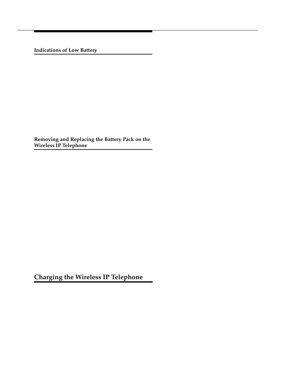 Indications of low battery, Charging the wireless ip telephone, Removing and replacing the battery pack on the | Wireless ip telephone | Avaya 3606 User Manual | Page 14 / 16