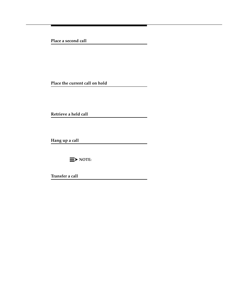 Place a second call, Place the current call on hold, Retrieve a held call | Hang up a call, Transfer a call | Avaya 3606 User Manual | Page 7 / 16