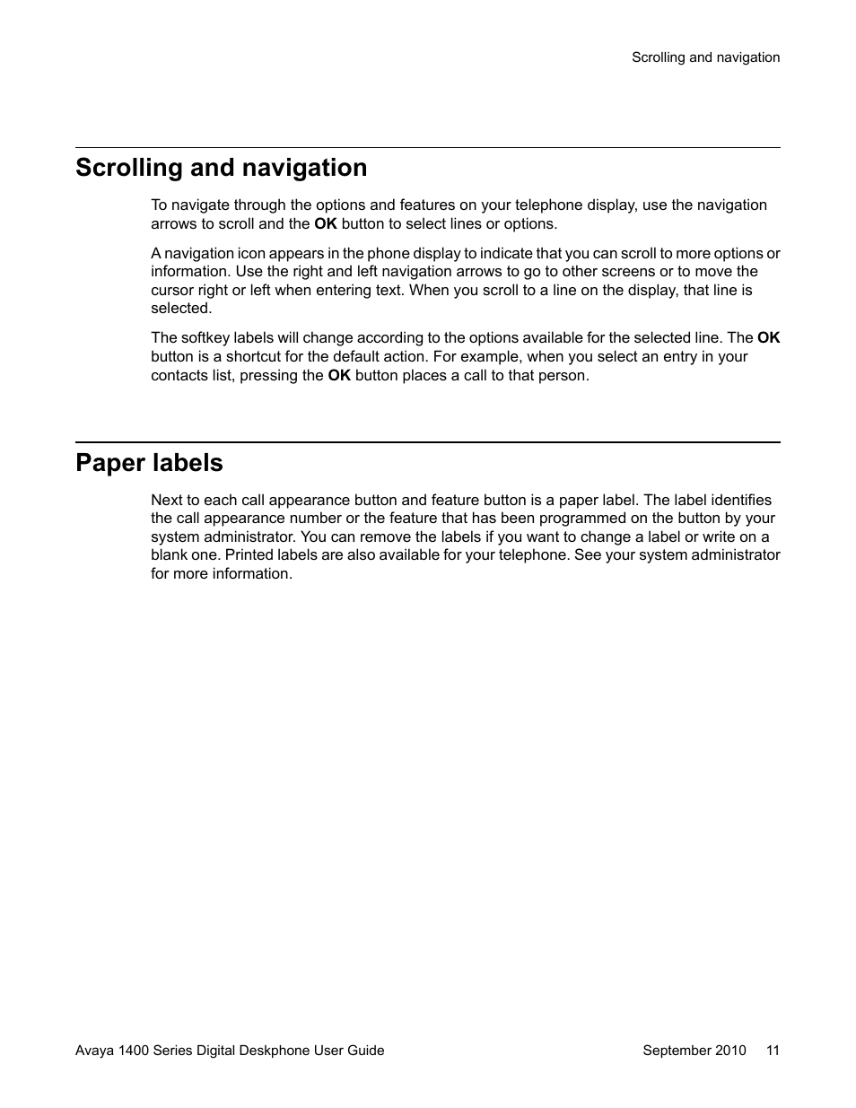 Scrolling and navigation, Paper labels, Scrolling and navigation paper labels | Avaya 1400 Series User Manual | Page 11 / 50