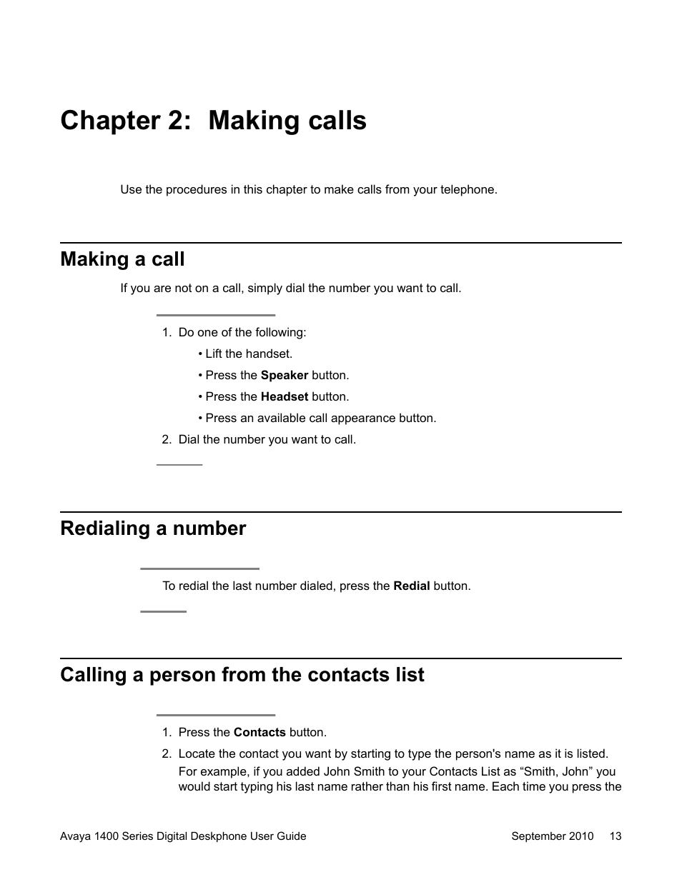 Chapter 2: making calls, Making a call, Redialing a number | Calling a person from the contacts list | Avaya 1400 Series User Manual | Page 13 / 50