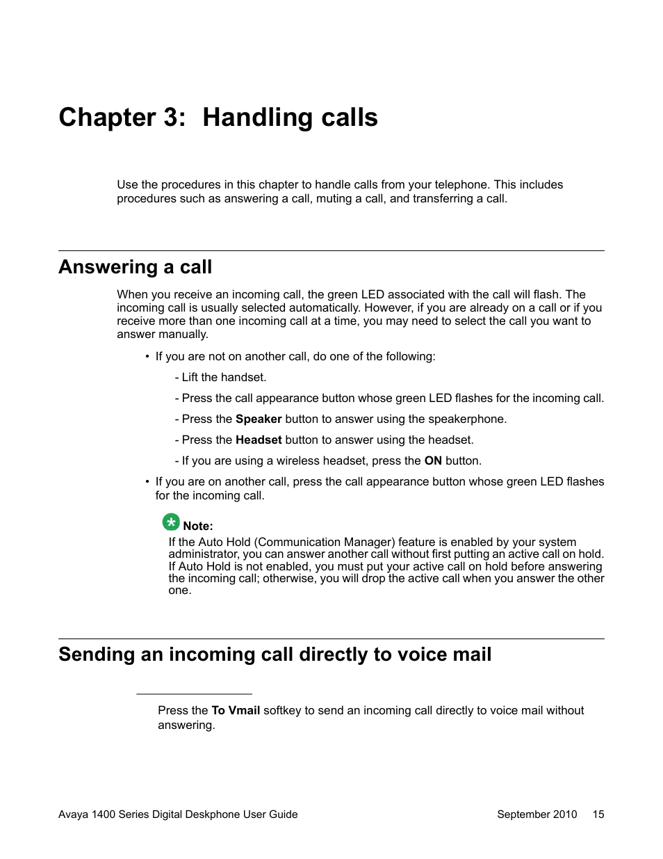 Chapter 3: handling calls, Answering a call, Sending an incoming call directly to voice mail | Avaya 1400 Series User Manual | Page 15 / 50