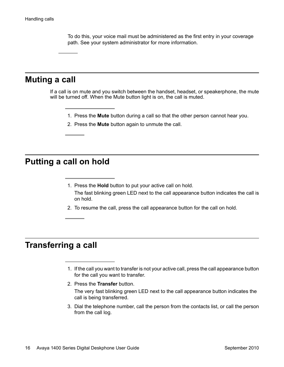 Muting a call, Putting a call on hold, Transferring a call | Avaya 1400 Series User Manual | Page 16 / 50