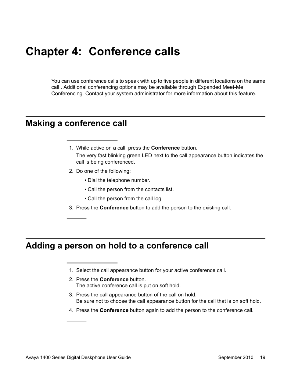 Chapter 4: conference calls, Making a conference call, Adding a person on hold to a conference call | Avaya 1400 Series User Manual | Page 19 / 50