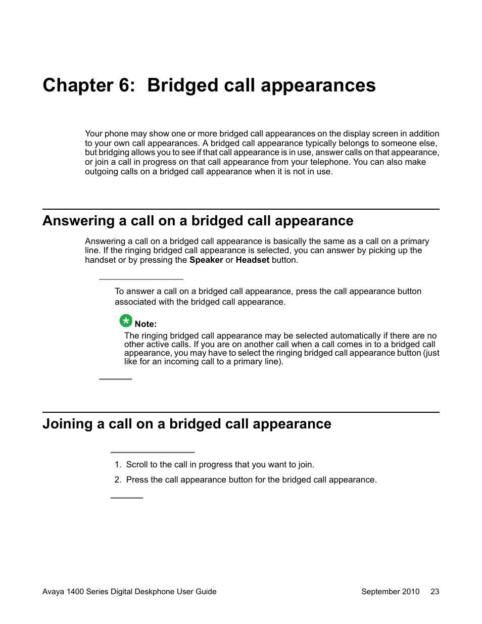 Chapter 6: bridged call appearances, Answering a call on a bridged call appearance, Joining a call on a bridged call appearance | Avaya 1400 Series User Manual | Page 23 / 50