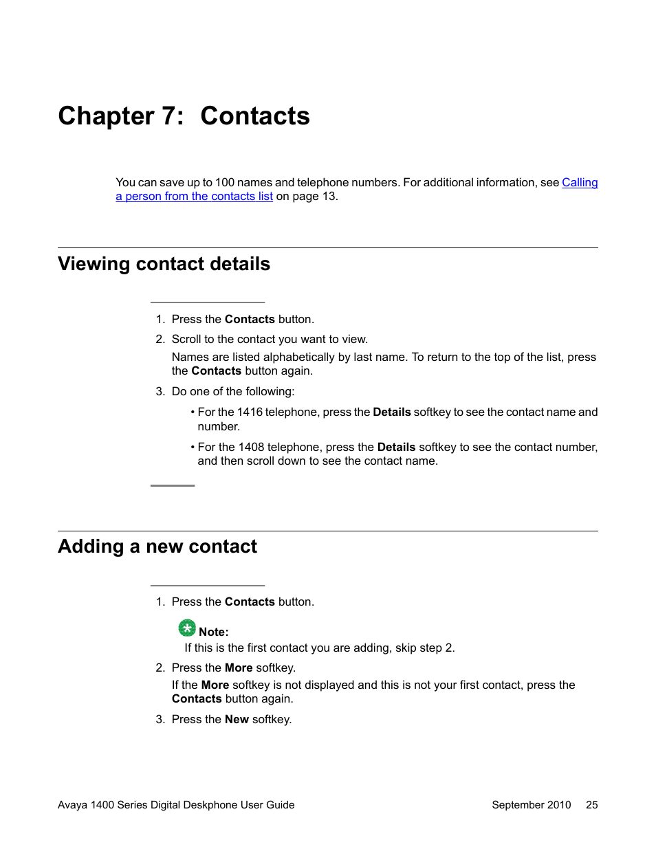 Chapter 7: contacts, Viewing contact details, Adding a new contact | Viewing contact details adding a new contact | Avaya 1400 Series User Manual | Page 25 / 50