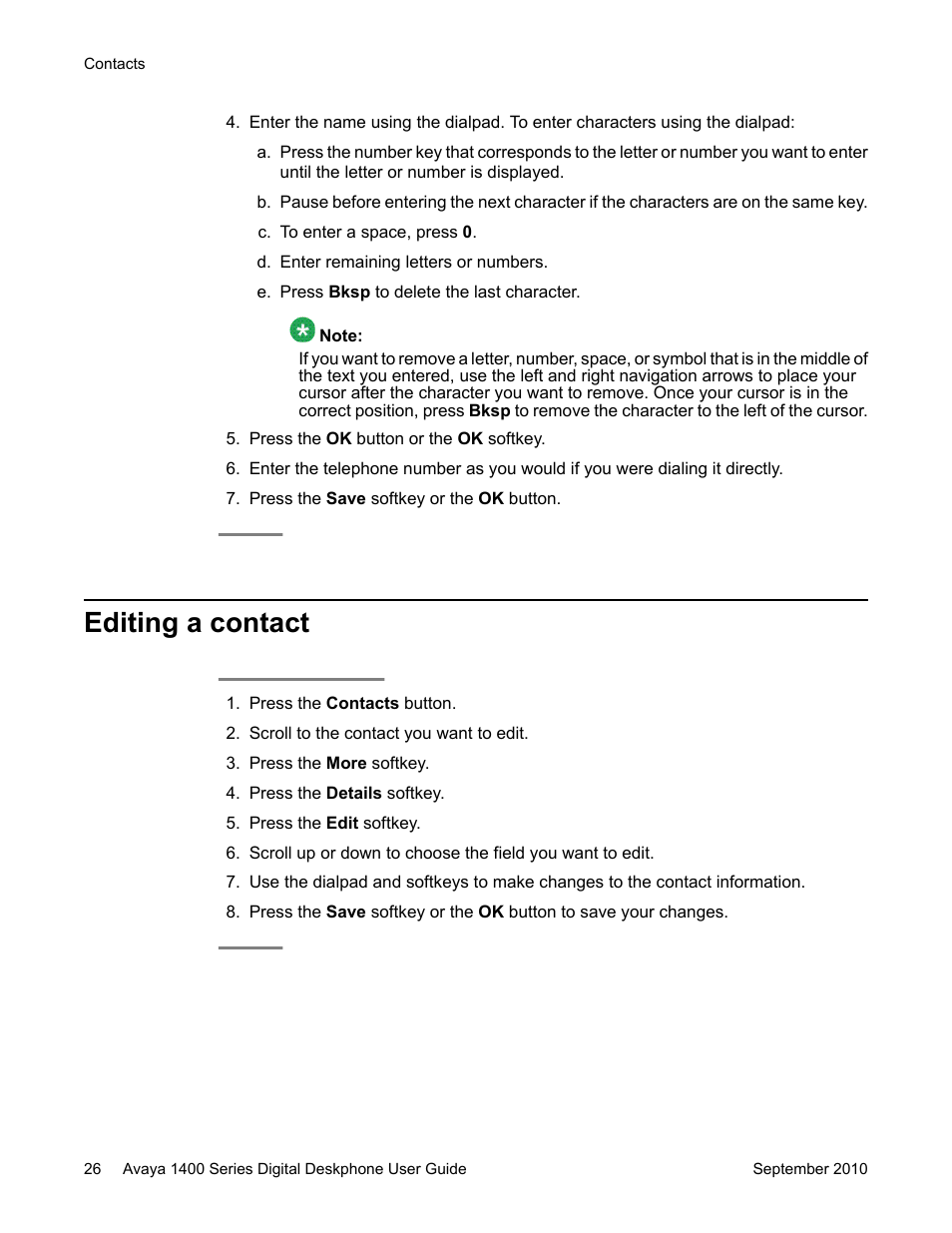 Editing a contact | Avaya 1400 Series User Manual | Page 26 / 50