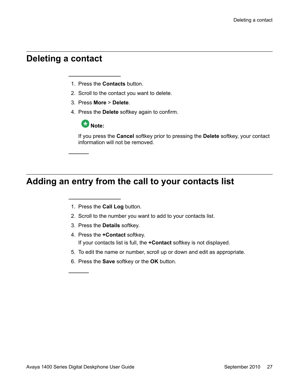 Deleting a contact | Avaya 1400 Series User Manual | Page 27 / 50