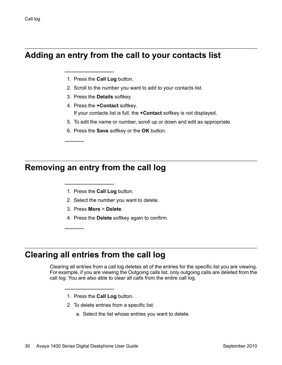 Removing an entry from the call log, Clearing all entries from the call log | Avaya 1400 Series User Manual | Page 30 / 50
