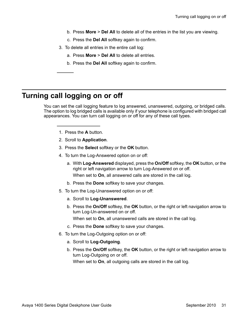 Turning call logging on or off | Avaya 1400 Series User Manual | Page 31 / 50