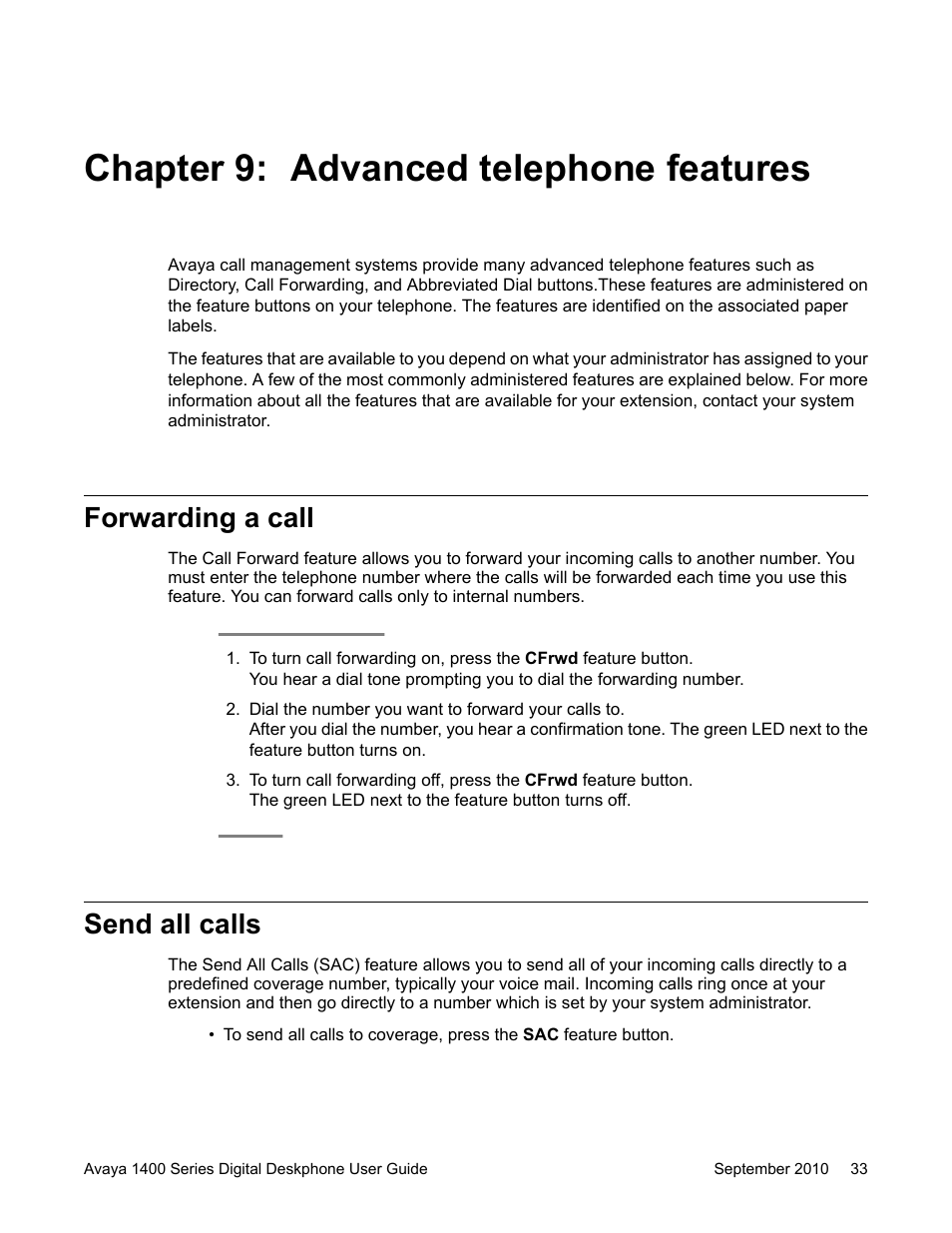 Chapter 9: advanced telephone features, Forwarding a call, Send all calls | Forwarding a call send all calls, Advanced telephone features | Avaya 1400 Series User Manual | Page 33 / 50