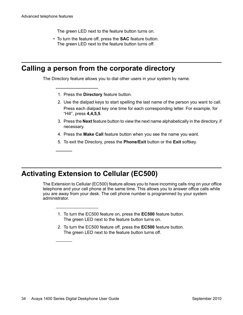 Calling a person from the corporate directory, Activating extension to cellular (ec500) | Avaya 1400 Series User Manual | Page 34 / 50