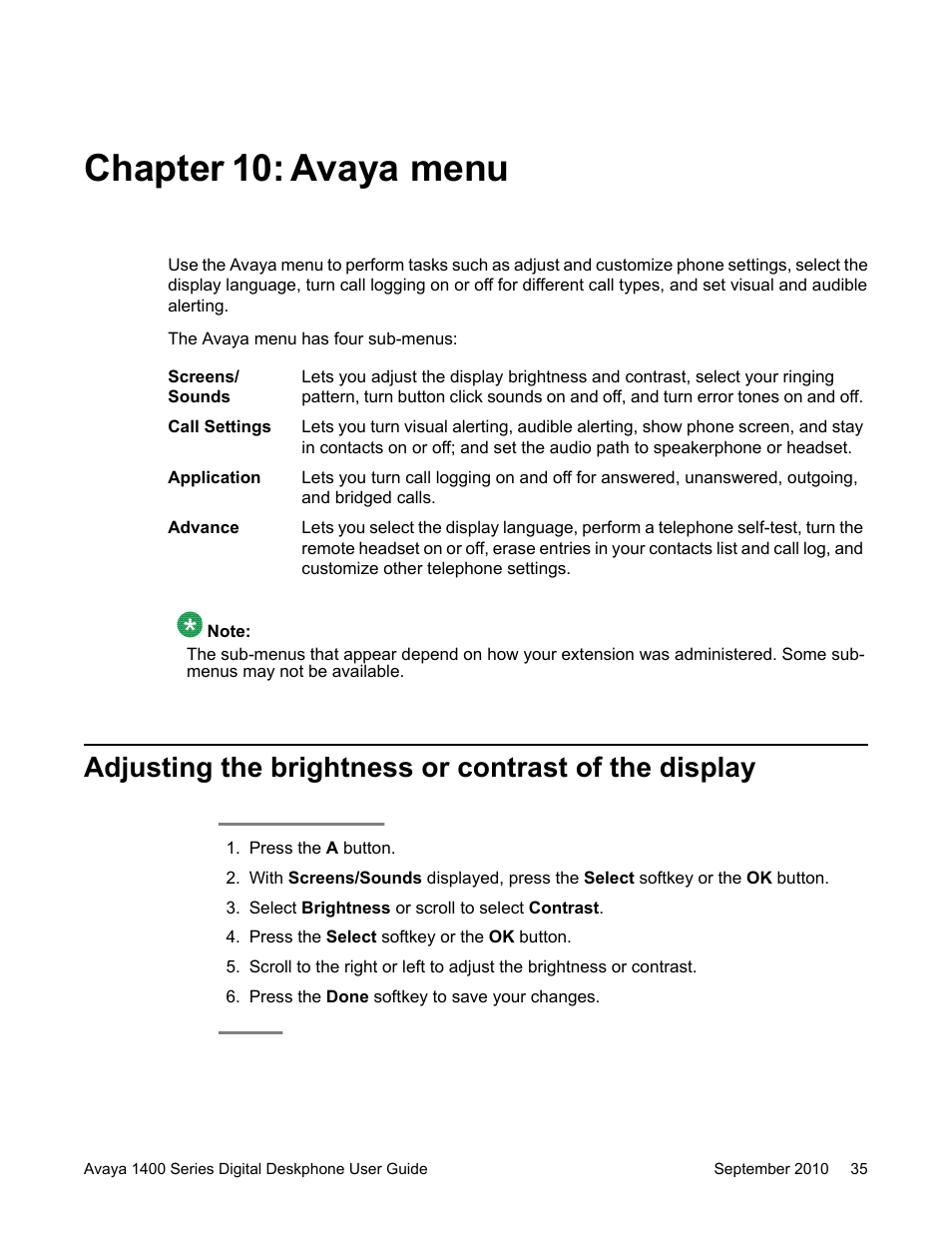 Chapter 10: avaya menu | Avaya 1400 Series User Manual | Page 35 / 50