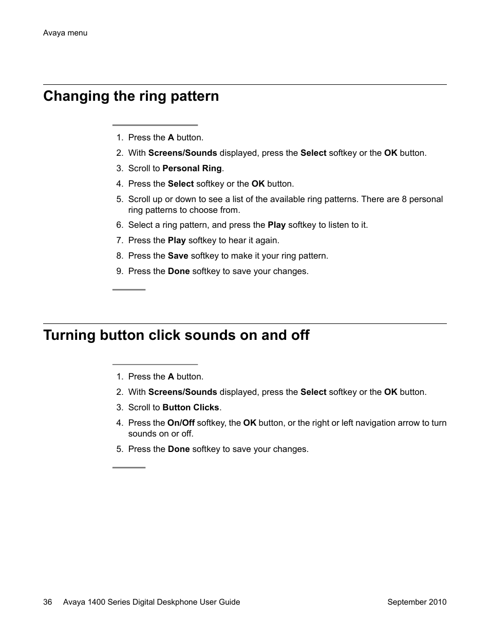 Changing the ring pattern, Turning button click sounds on and off | Avaya 1400 Series User Manual | Page 36 / 50