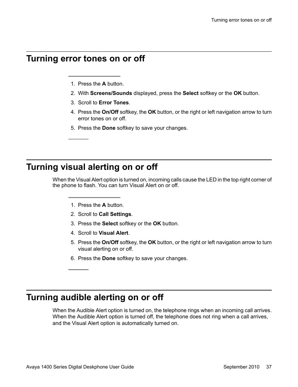 Turning error tones on or off, Turning visual alerting on or off, Turning audible alerting on or off | Avaya 1400 Series User Manual | Page 37 / 50