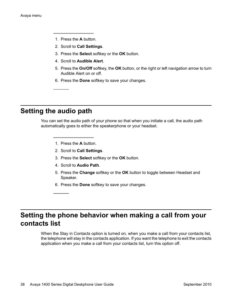 Setting the audio path | Avaya 1400 Series User Manual | Page 38 / 50