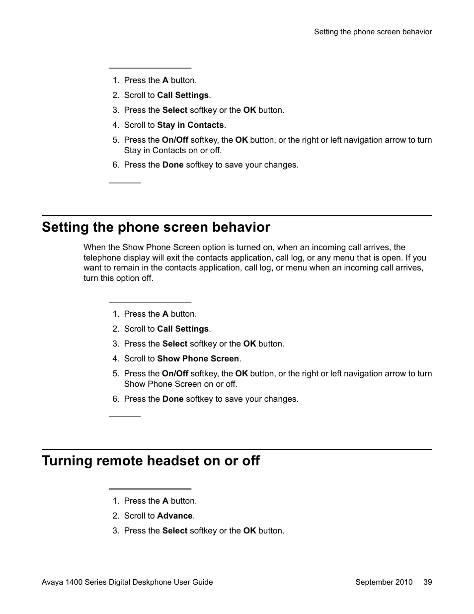 Setting the phone screen behavior, Turning remote headset on or off | Avaya 1400 Series User Manual | Page 39 / 50