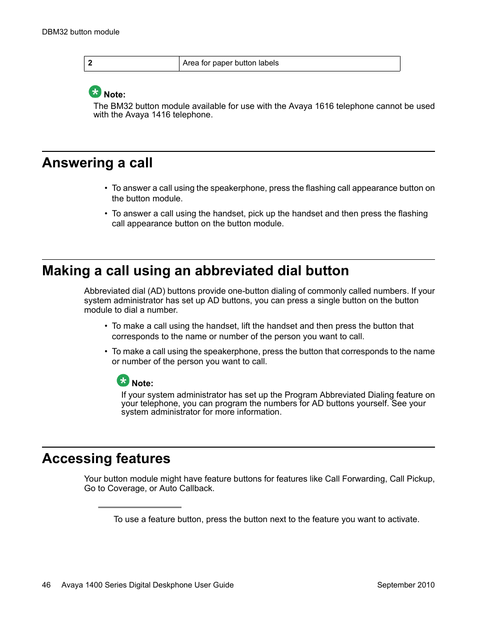 Answering a call, Making a call using an abbreviated dial button, Accessing features | Avaya 1400 Series User Manual | Page 46 / 50