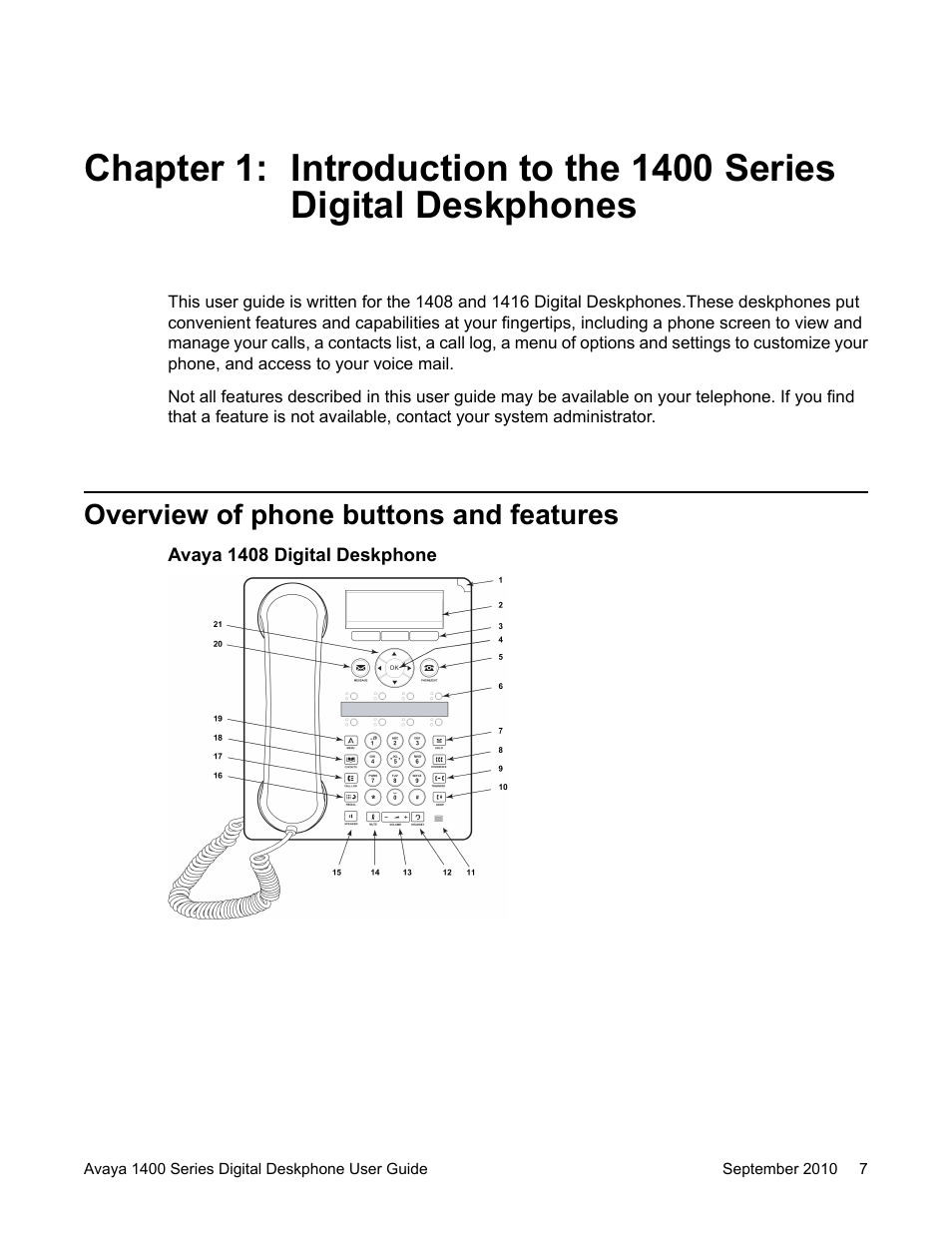 Overview of phone buttons and features | Avaya 1400 Series User Manual | Page 7 / 50