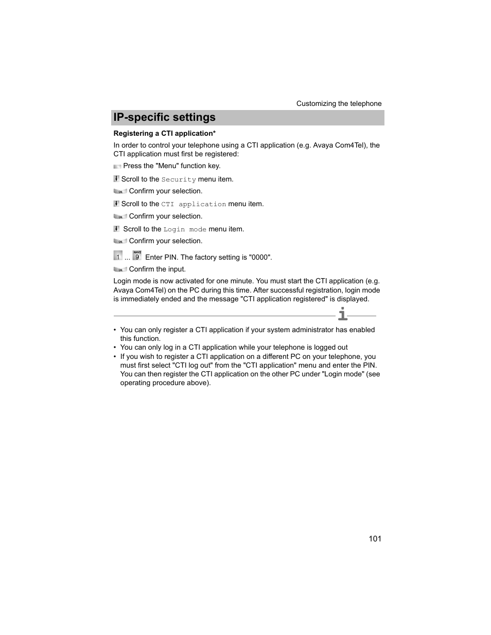 Registering a cti application, P. 101), Ip-specific settings | Avaya T3 (IP) Compact User Manual | Page 101 / 137