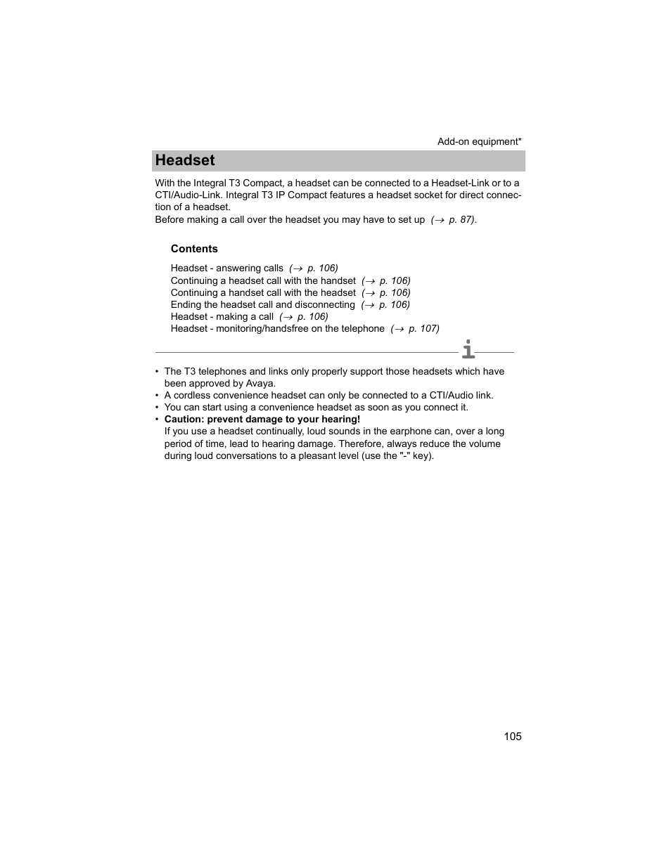 Headset, P. 105) can be found, P. 105) | Avaya T3 (IP) Compact User Manual | Page 105 / 137