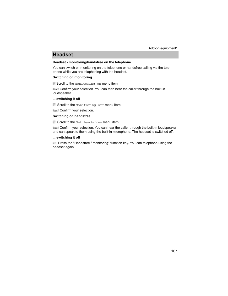 Headset - monitoring/handsfree on the telephone, P. 107), Headset | Avaya T3 (IP) Compact User Manual | Page 107 / 137