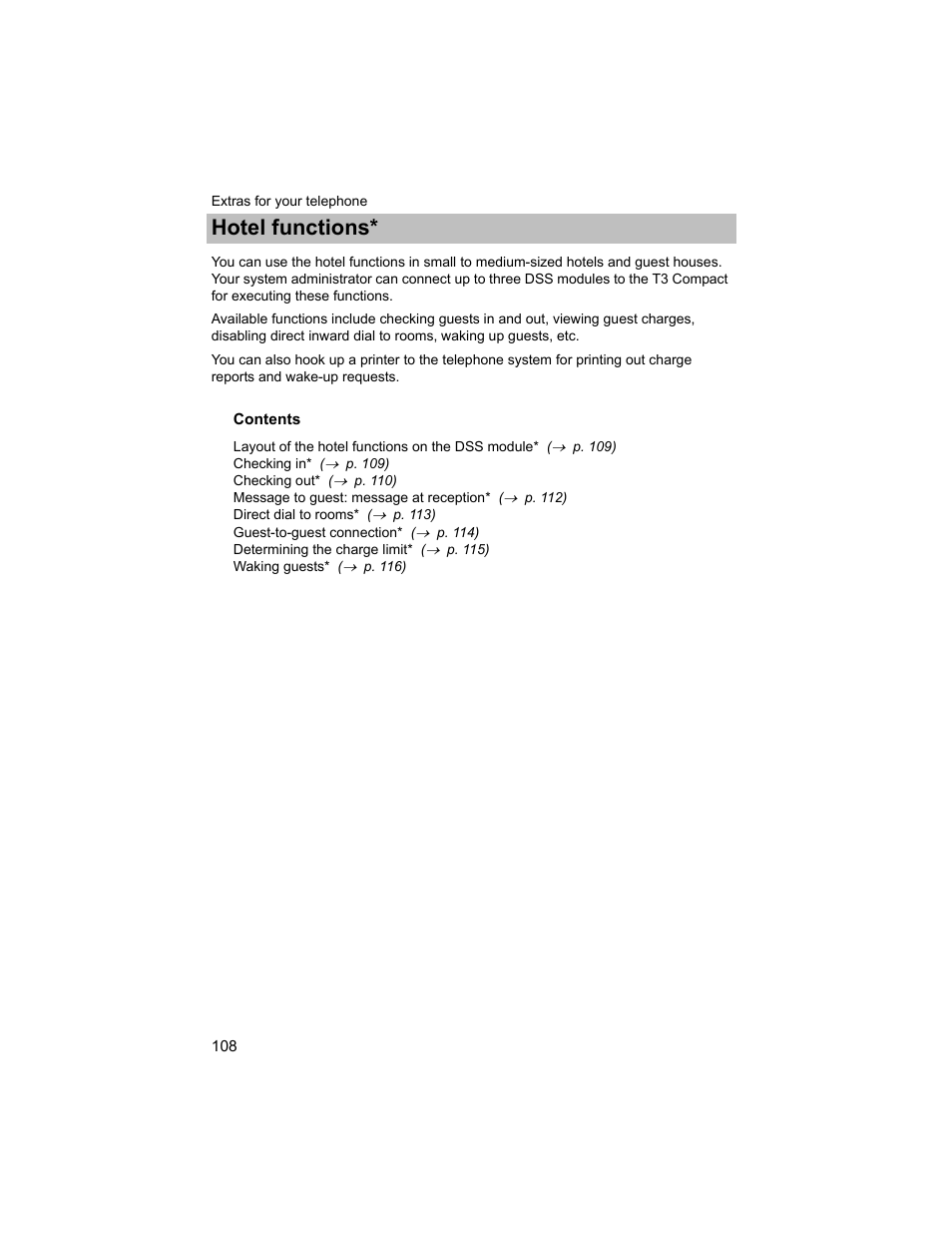 Extras for your telephone, Hotel functions, Extras for your telephone hotel functions | Avaya T3 (IP) Compact User Manual | Page 108 / 137