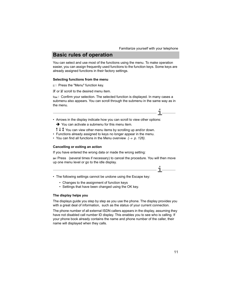 Basic rules of operation, Selecting functions from the menu, Cancelling or exiting an action | The display helps you, P. 11) | Avaya T3 (IP) Compact User Manual | Page 11 / 137