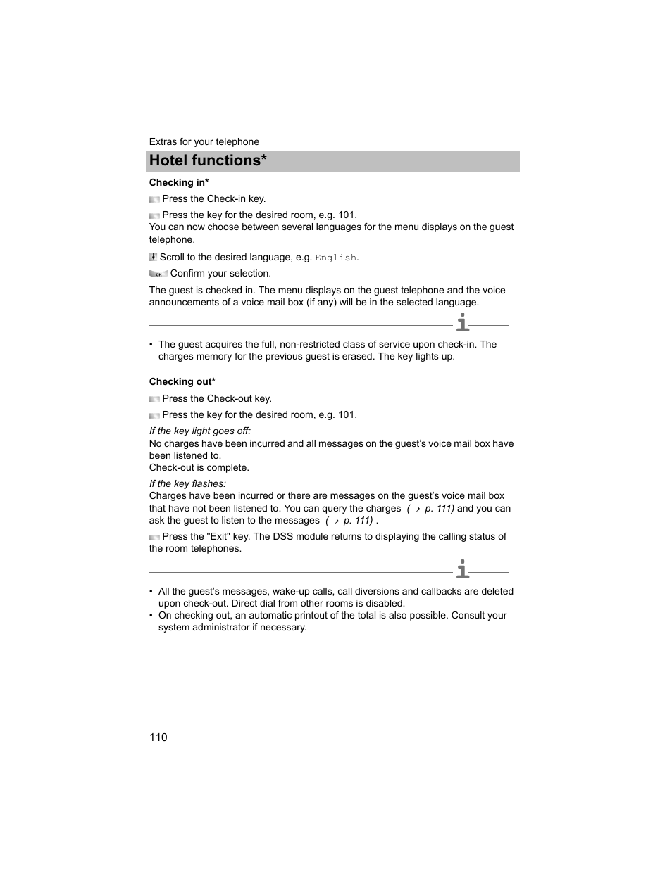 Checking in, Checking out, P. 110) | Hotel functions | Avaya T3 (IP) Compact User Manual | Page 110 / 137