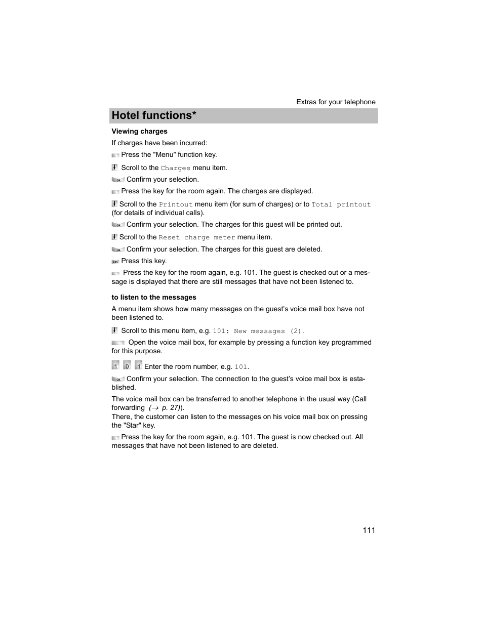 Viewing charges, Hotel functions | Avaya T3 (IP) Compact User Manual | Page 111 / 137