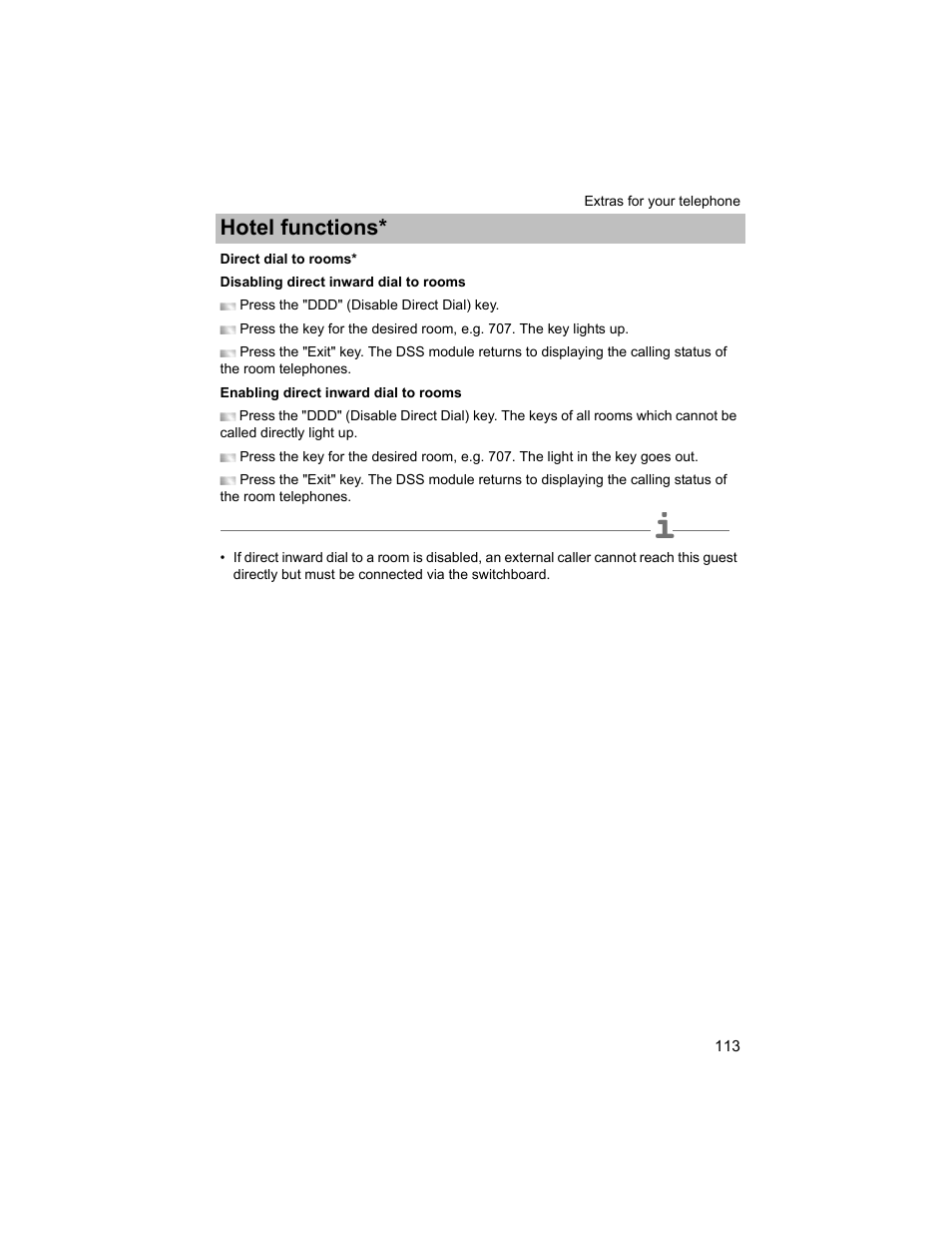 Direct dial to rooms, P. 113), Hotel functions | Avaya T3 (IP) Compact User Manual | Page 113 / 137