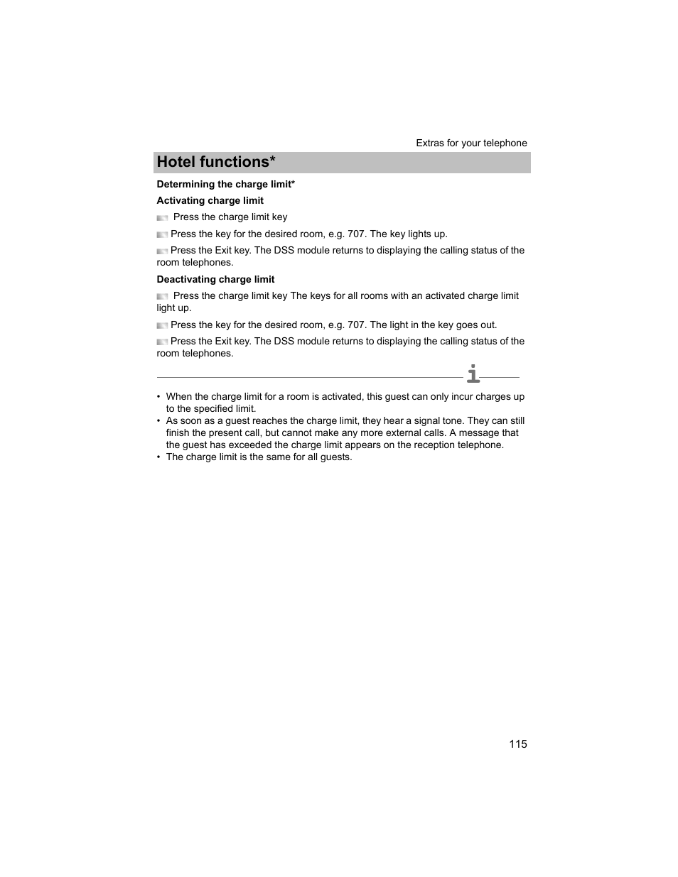 Determining the charge limit, P. 115), Hotel functions | Avaya T3 (IP) Compact User Manual | Page 115 / 137