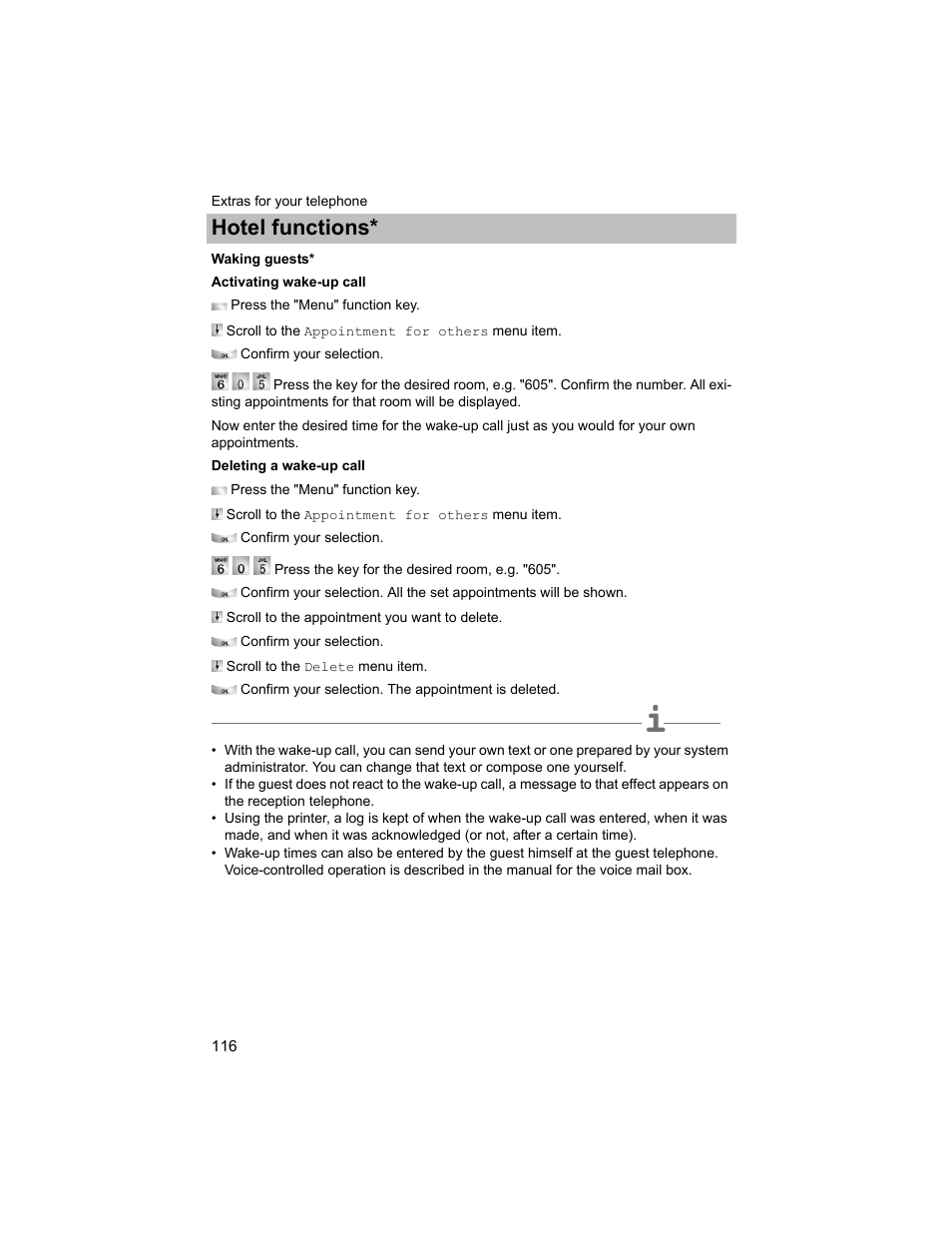 Waking guests, P. 116), Hotel functions | Avaya T3 (IP) Compact User Manual | Page 116 / 137