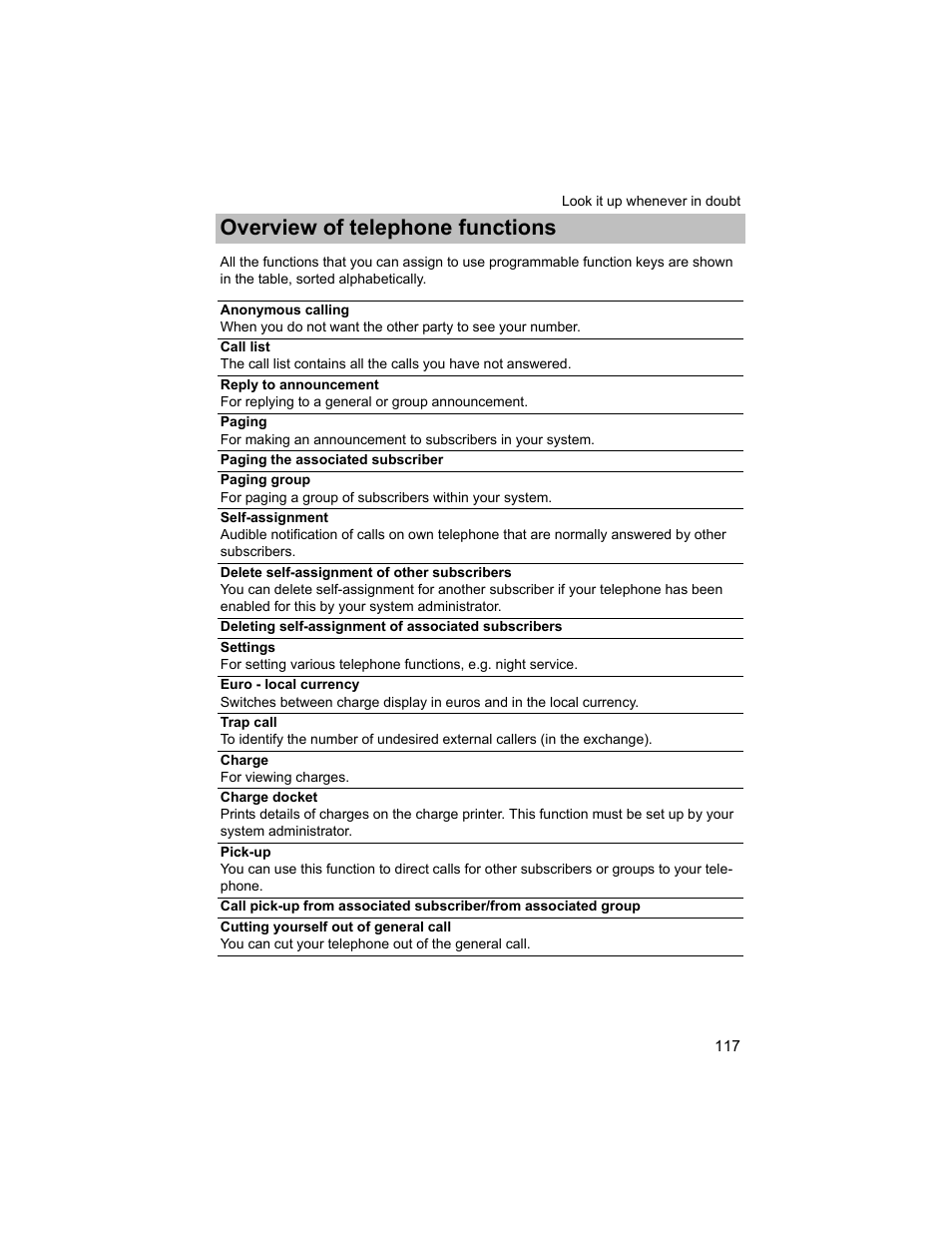 Look it up whenever in doubt, Overview of telephone functions, P. 117) | Avaya T3 (IP) Compact User Manual | Page 117 / 137