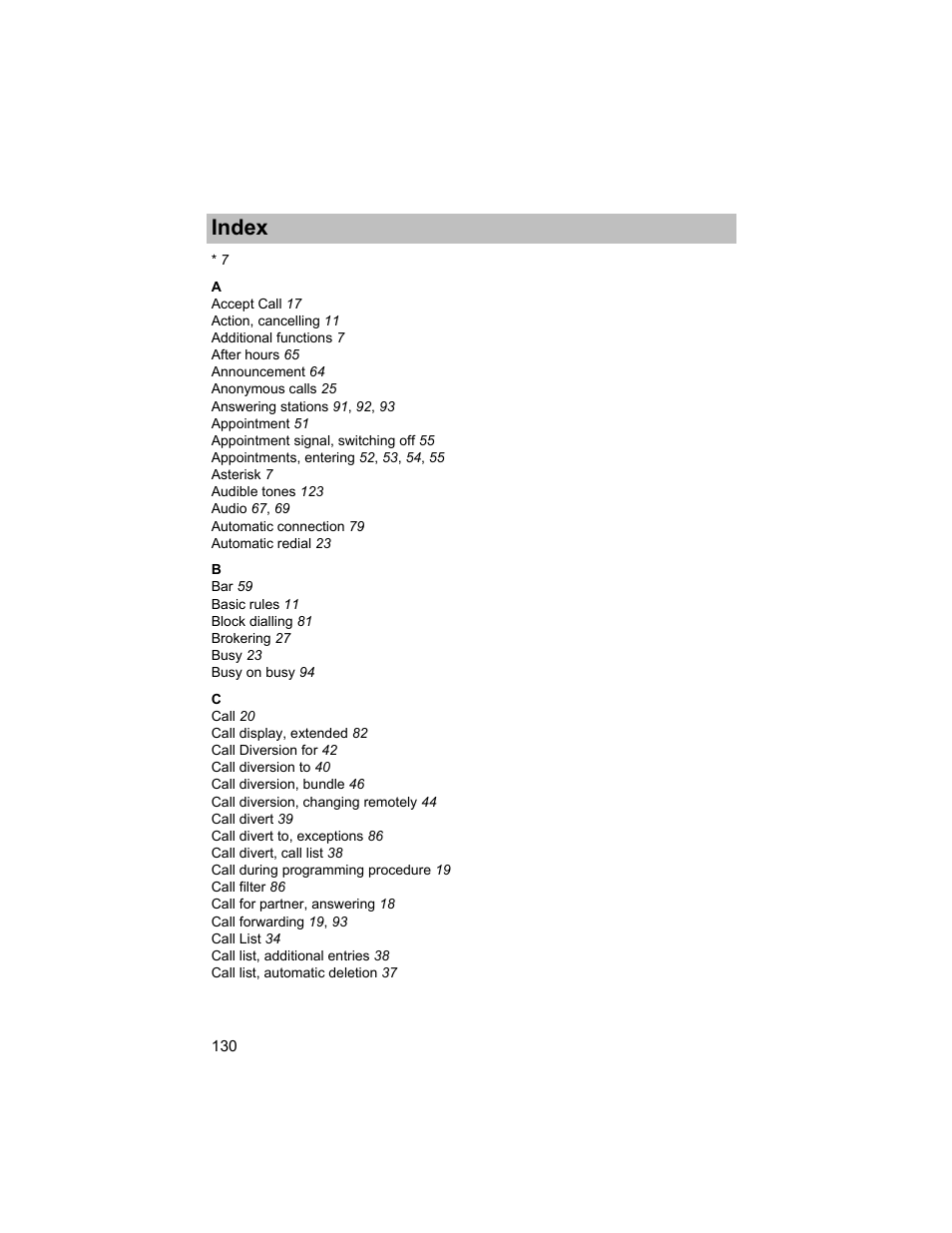 Index | Avaya T3 (IP) Compact User Manual | Page 130 / 137