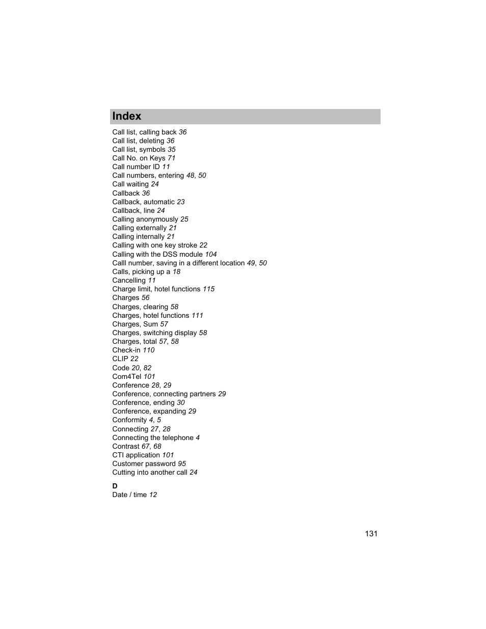 Index | Avaya T3 (IP) Compact User Manual | Page 131 / 137