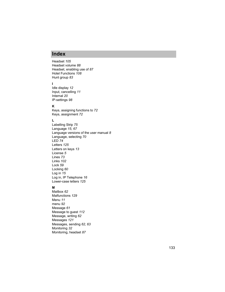 Index | Avaya T3 (IP) Compact User Manual | Page 133 / 137
