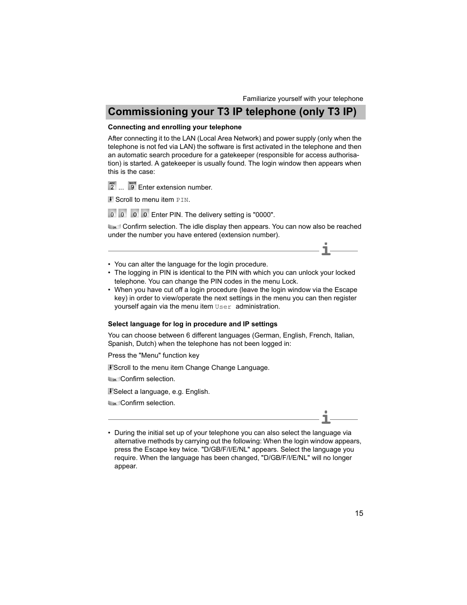 Connecting and enrolling your telephone, P. 15), Commissioning your t3 ip telephone (only t3 ip) | Avaya T3 (IP) Compact User Manual | Page 15 / 137